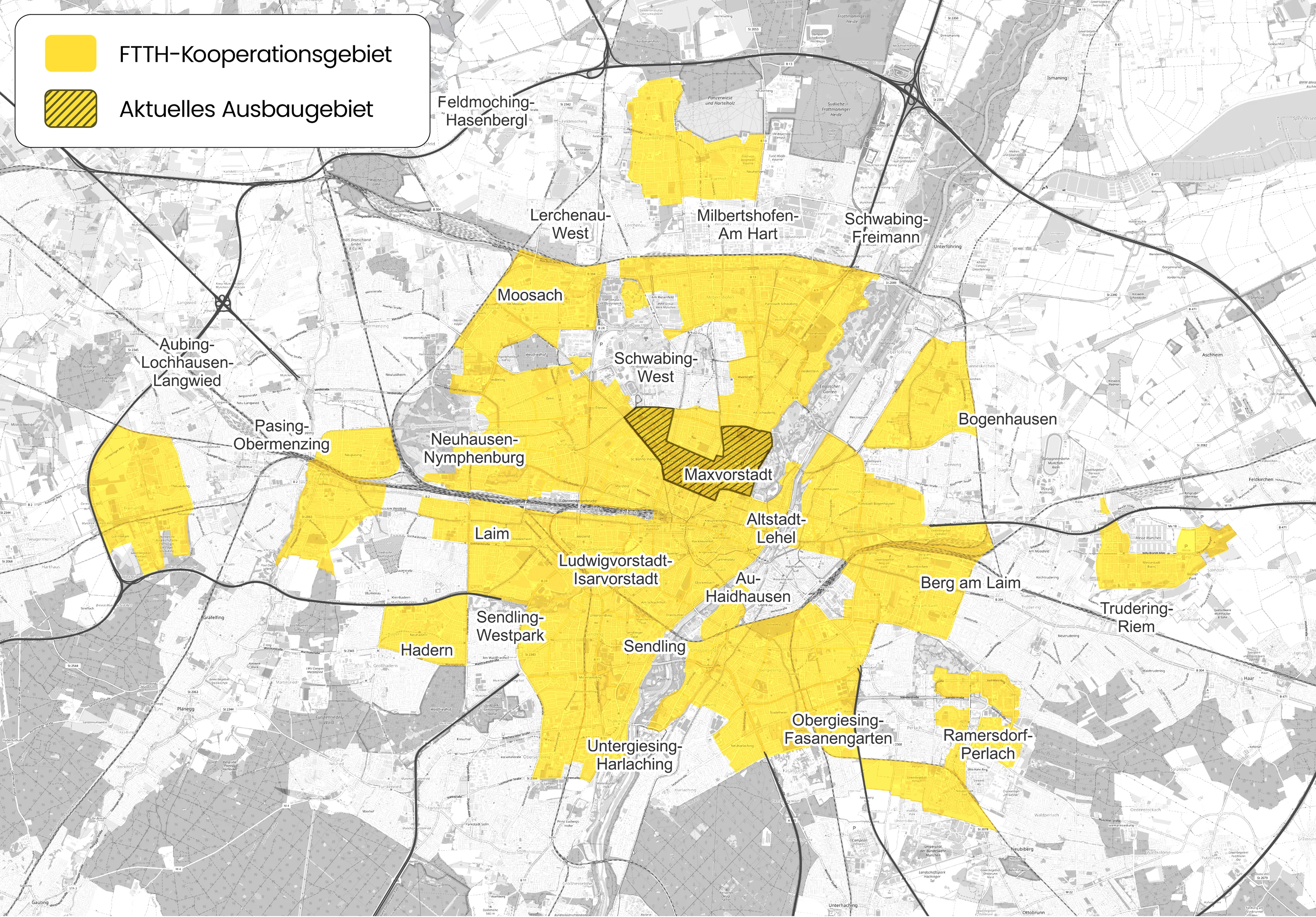 Glasfaserausbaukarte mit farblich markierten Kooperationsgebieten der Stadtteile; die Karte zeigt, welche Bereiche erschlossen werden. Der Ausbau startet im Januar 2026.