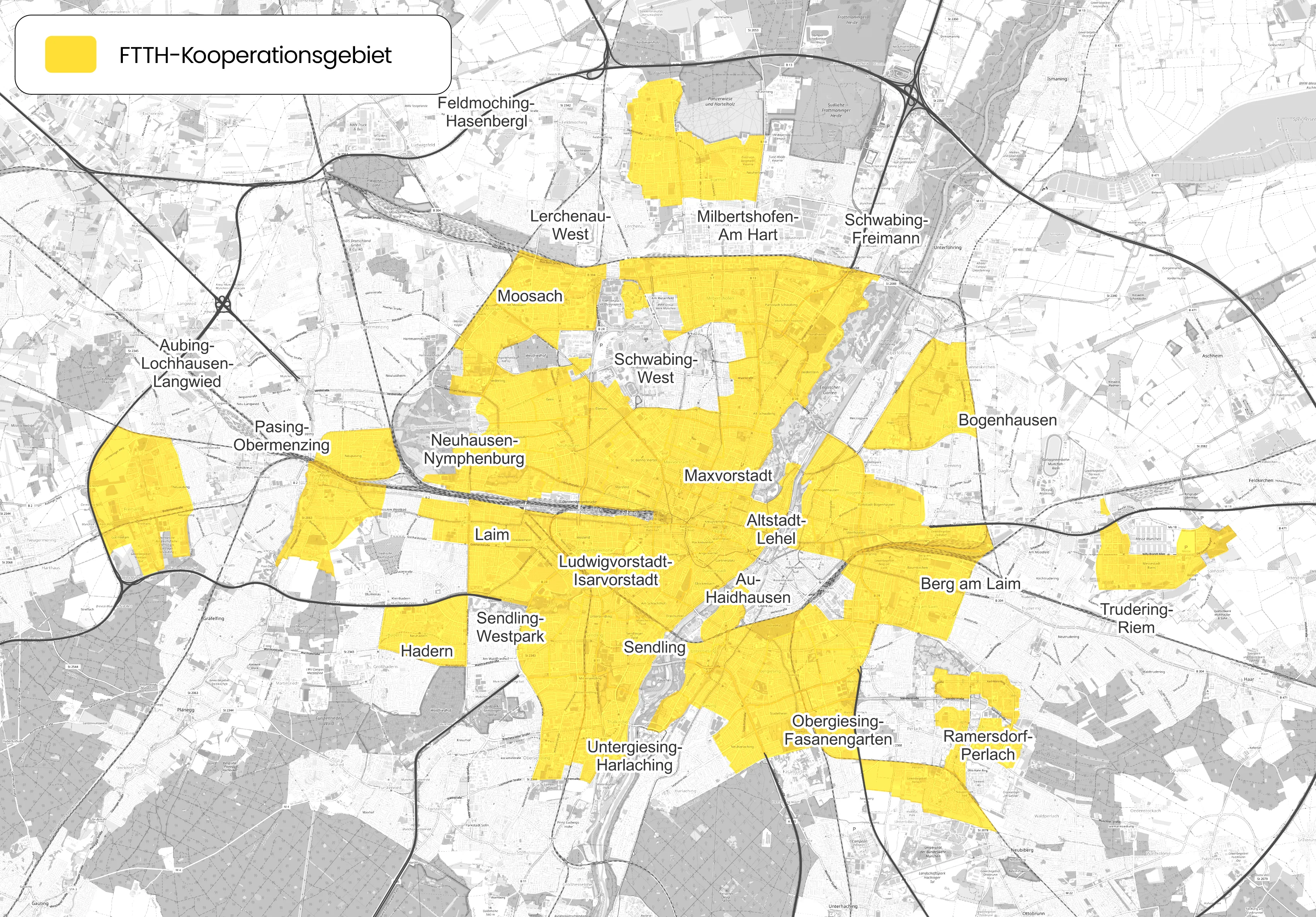 Glasfaserausbaukarte mit farblich markierten Kooperationsgebieten der Stadtteile; die Karte zeigt, welche Bereiche erschlossen werden. Der Ausbau startet im Januar 2026.